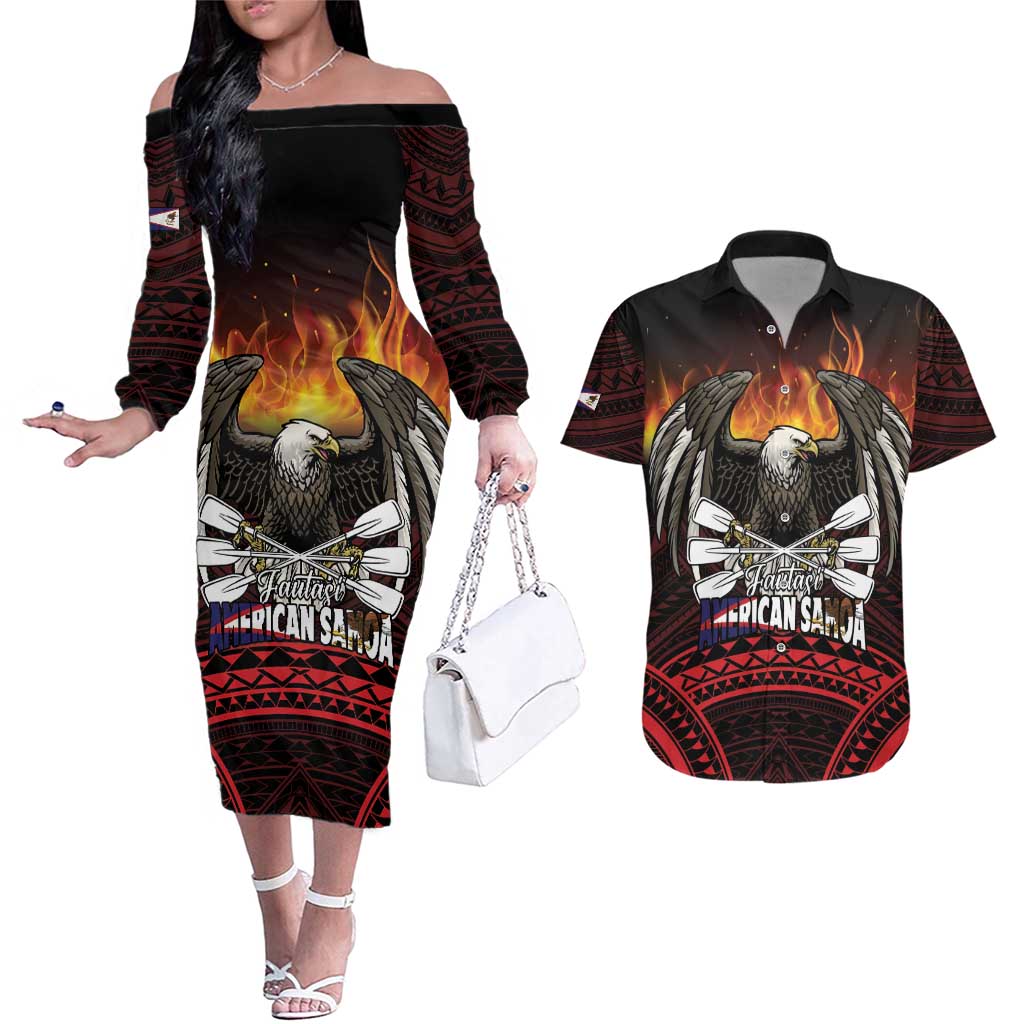 Fautasi Race Day American Samoa Couples Matching Off The Shoulder Long Sleeve Dress and Hawaiian Shirt Bald Eagle Polynesian Tattoo LT14 Black - Polynesian Pride
