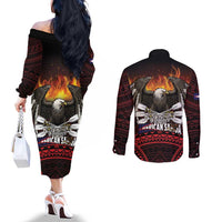 Fautasi Race Day American Samoa Couples Matching Off The Shoulder Long Sleeve Dress and Long Sleeve Button Shirt Bald Eagle Polynesian Tattoo LT14 - Polynesian Pride