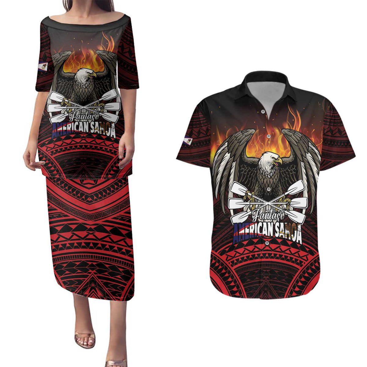 Fautasi Race Day American Samoa Couples Matching Puletasi and Hawaiian Shirt Bald Eagle Polynesian Tattoo