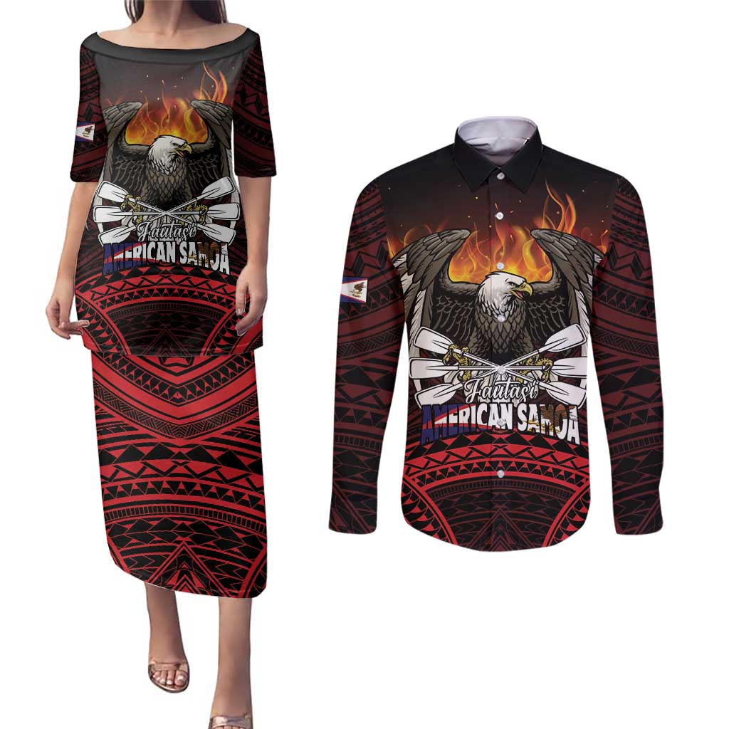 Fautasi Race Day American Samoa Couples Matching Puletasi and Long Sleeve Button Shirt Bald Eagle Polynesian Tattoo