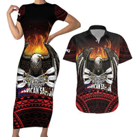 Fautasi Race Day American Samoa Couples Matching Short Sleeve Bodycon Dress and Hawaiian Shirt Bald Eagle Polynesian Tattoo LT14 Black - Polynesian Pride