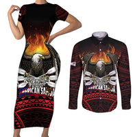 Fautasi Race Day American Samoa Couples Matching Short Sleeve Bodycon Dress and Long Sleeve Button Shirt Bald Eagle Polynesian Tattoo LT14 Black - Polynesian Pride