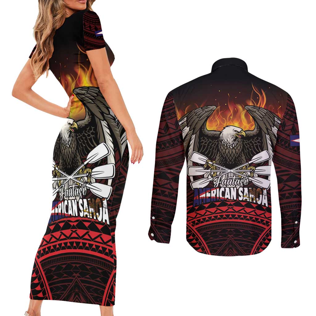Fautasi Race Day American Samoa Couples Matching Short Sleeve Bodycon Dress and Long Sleeve Button Shirt Bald Eagle Polynesian Tattoo LT14 - Polynesian Pride