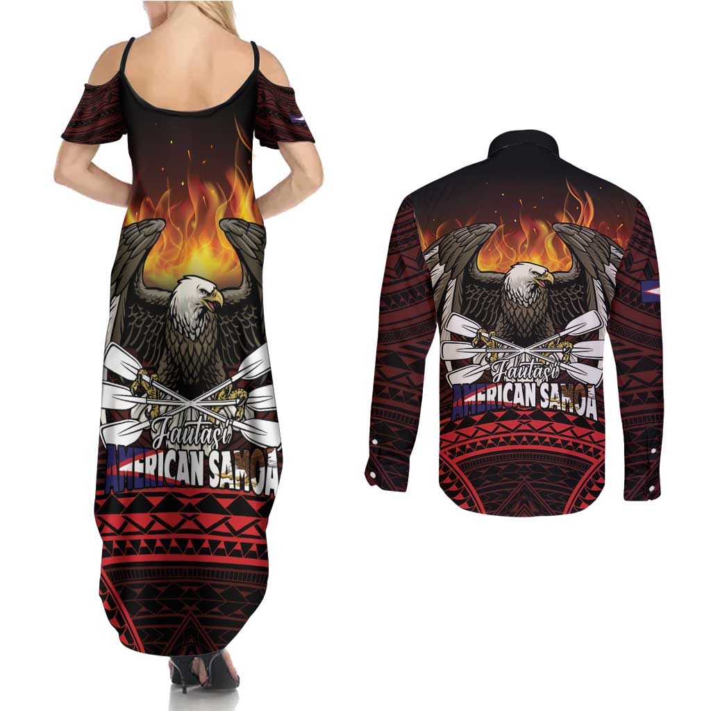 Fautasi Race Day American Samoa Couples Matching Summer Maxi Dress and Long Sleeve Button Shirt Bald Eagle Polynesian Tattoo