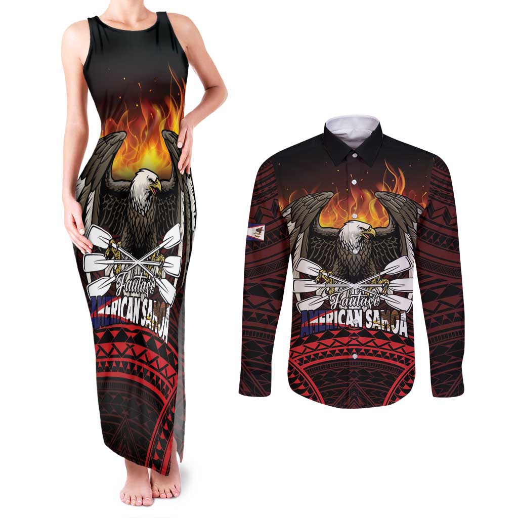Fautasi Race Day American Samoa Couples Matching Tank Maxi Dress and Long Sleeve Button Shirt Bald Eagle Polynesian Tattoo
