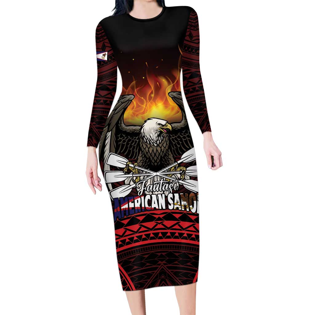 Fautasi Race Day American Samoa Family Matching Long Sleeve Bodycon Dress and Hawaiian Shirt Bald Eagle Polynesian Tattoo LT14 Mom's Dress Black - Polynesian Pride