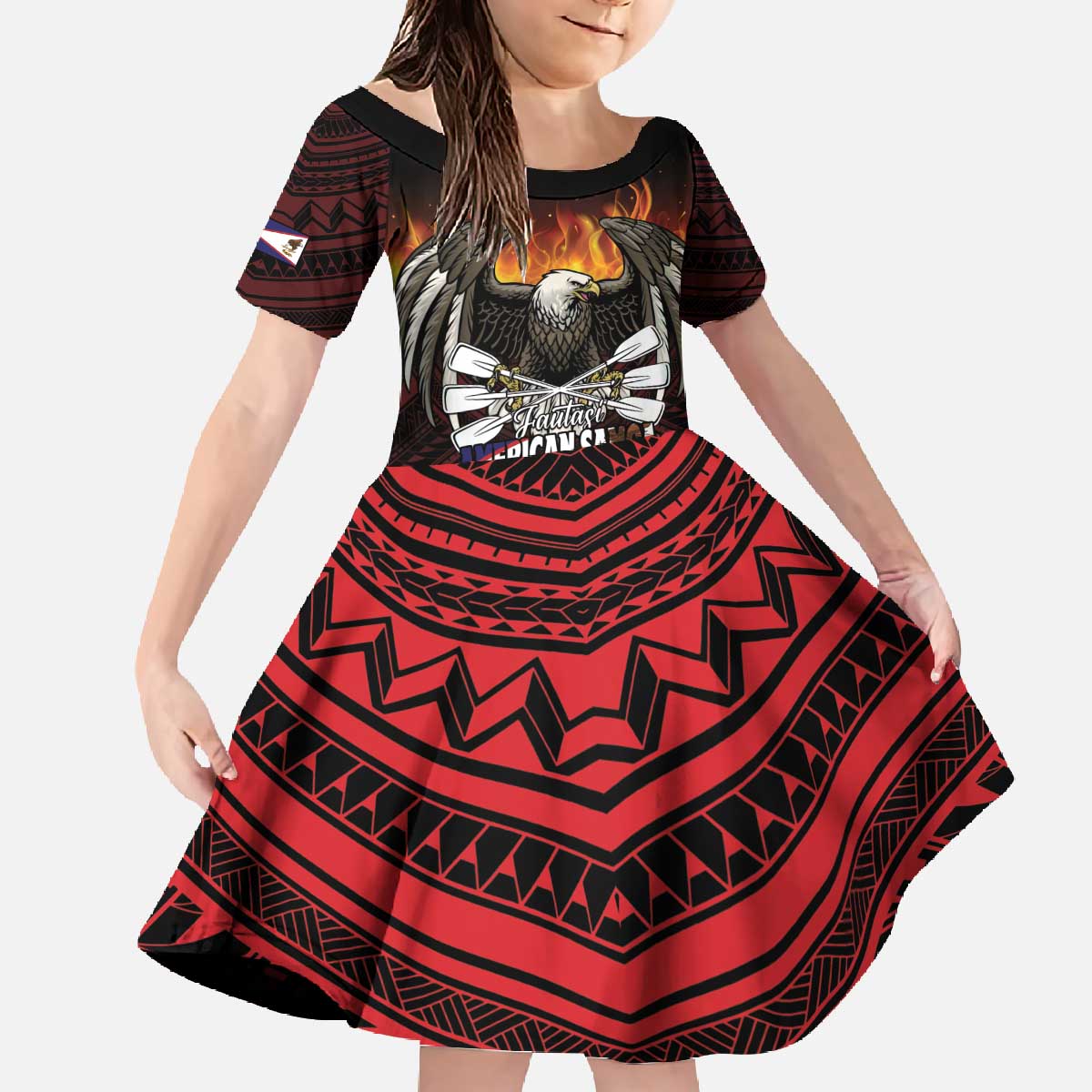 Fautasi Race Day American Samoa Family Matching Off The Shoulder Long Sleeve Dress and Hawaiian Shirt Bald Eagle Polynesian Tattoo LT14 Daughter's Dress Black - Polynesian Pride