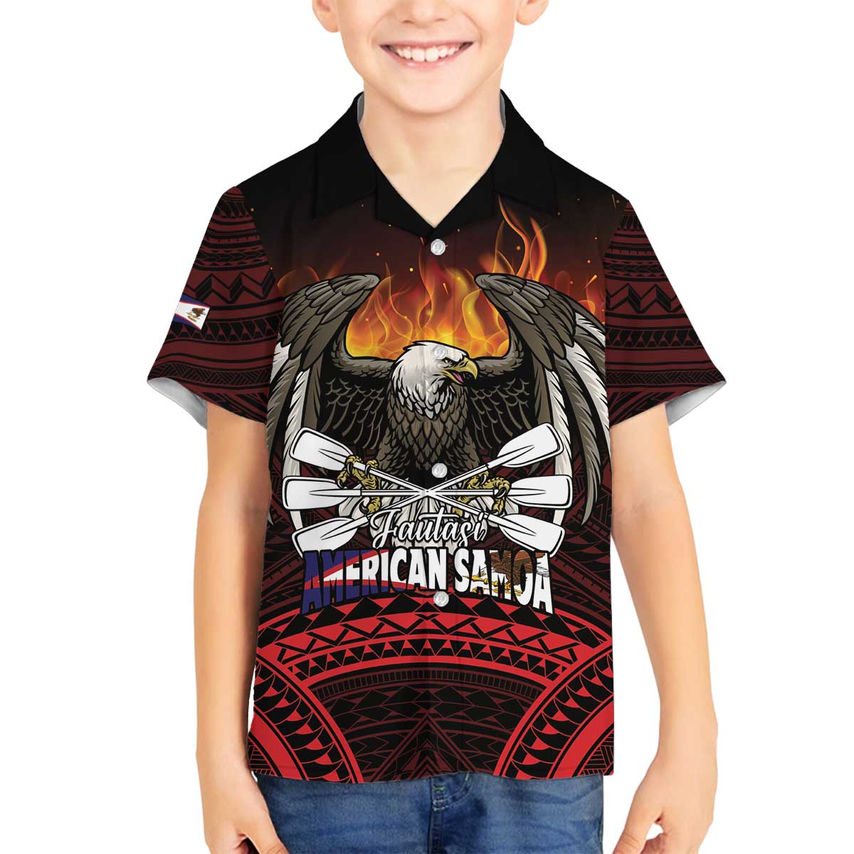 Fautasi Race Day American Samoa Family Matching Off The Shoulder Long Sleeve Dress and Hawaiian Shirt Bald Eagle Polynesian Tattoo LT14 Son's Shirt Black - Polynesian Pride