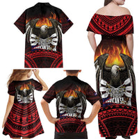 Fautasi Race Day American Samoa Family Matching Off Shoulder Maxi Dress and Hawaiian Shirt Bald Eagle Polynesian Tattoo LT14 - Polynesian Pride
