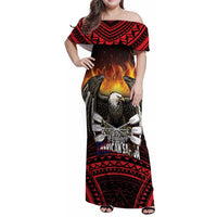 Fautasi Race Day American Samoa Family Matching Off Shoulder Maxi Dress and Hawaiian Shirt Bald Eagle Polynesian Tattoo LT14 Mom's Dress Black - Polynesian Pride