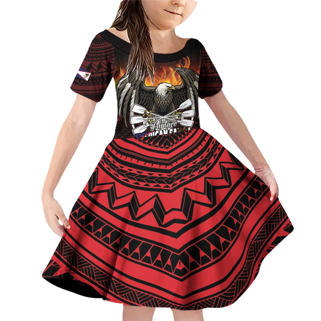 Fautasi Race Day American Samoa Family Matching Off Shoulder Short Dress and Hawaiian Shirt Bald Eagle Polynesian Tattoo LT14 Daughter's Dress Black - Polynesian Pride