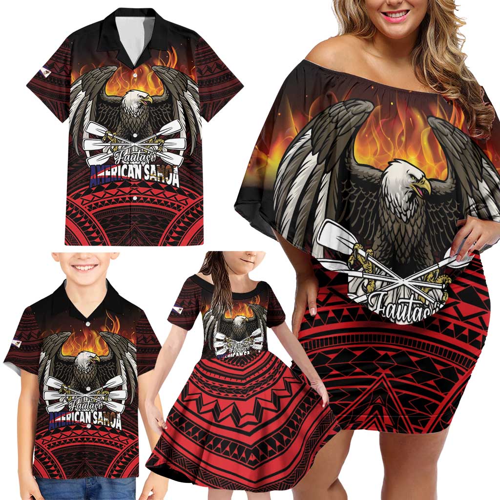Fautasi Race Day American Samoa Family Matching Off Shoulder Short Dress and Hawaiian Shirt Bald Eagle Polynesian Tattoo LT14 - Polynesian Pride