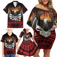 Fautasi Race Day American Samoa Family Matching Off Shoulder Short Dress and Hawaiian Shirt Bald Eagle Polynesian Tattoo LT14 - Polynesian Pride