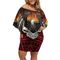 Fautasi Race Day American Samoa Family Matching Off Shoulder Short Dress and Hawaiian Shirt Bald Eagle Polynesian Tattoo LT14 Mom's Dress Black - Polynesian Pride