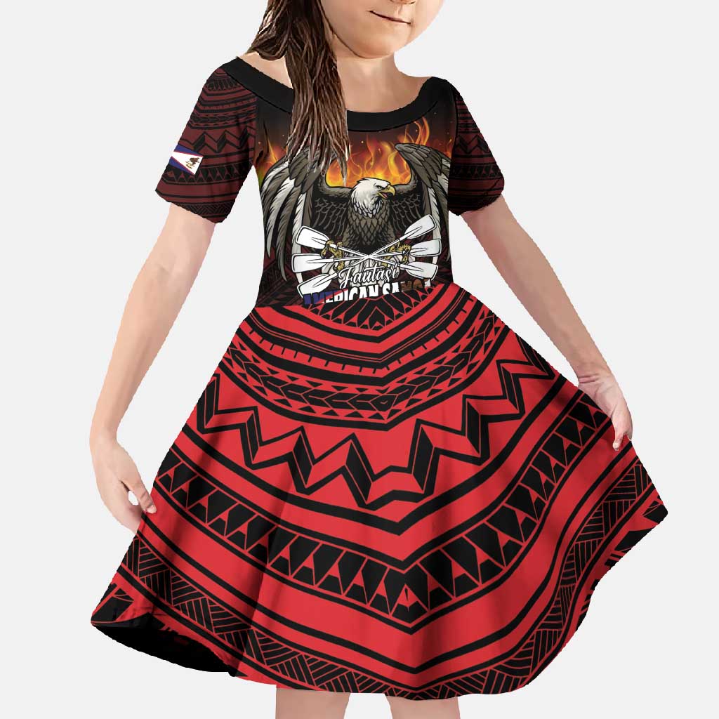 Fautasi Race Day American Samoa Family Matching Short Sleeve Bodycon Dress and Hawaiian Shirt Bald Eagle Polynesian Tattoo LT14 Daughter's Dress Black - Polynesian Pride