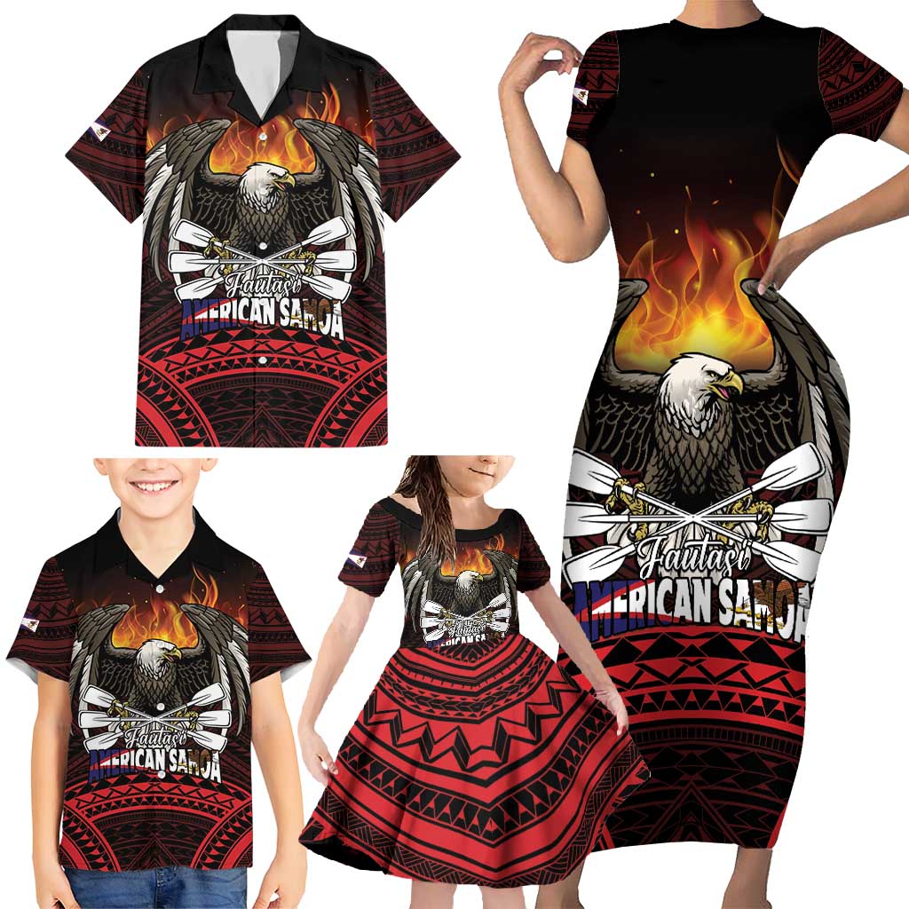 Fautasi Race Day American Samoa Family Matching Short Sleeve Bodycon Dress and Hawaiian Shirt Bald Eagle Polynesian Tattoo