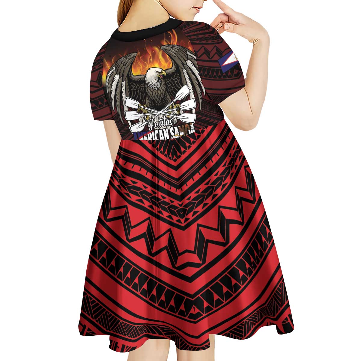 Fautasi Race Day American Samoa Kid Short Sleeve Dress Bald Eagle Polynesian Tattoo
