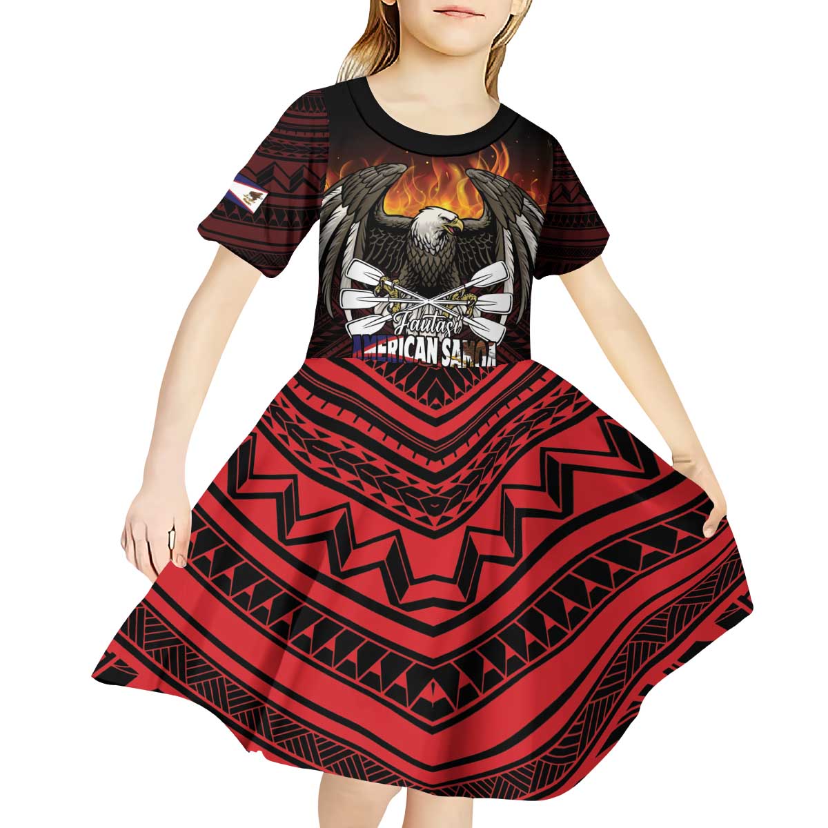 Fautasi Race Day American Samoa Kid Short Sleeve Dress Bald Eagle Polynesian Tattoo