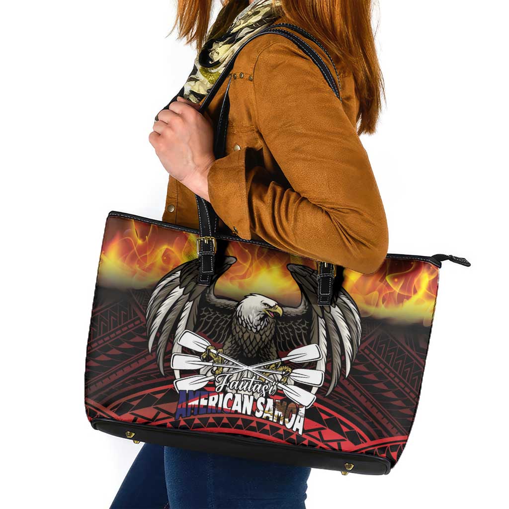 Fautasi Race Day American Samoa Leather Tote Bag Bald Eagle Polynesian Tattoo