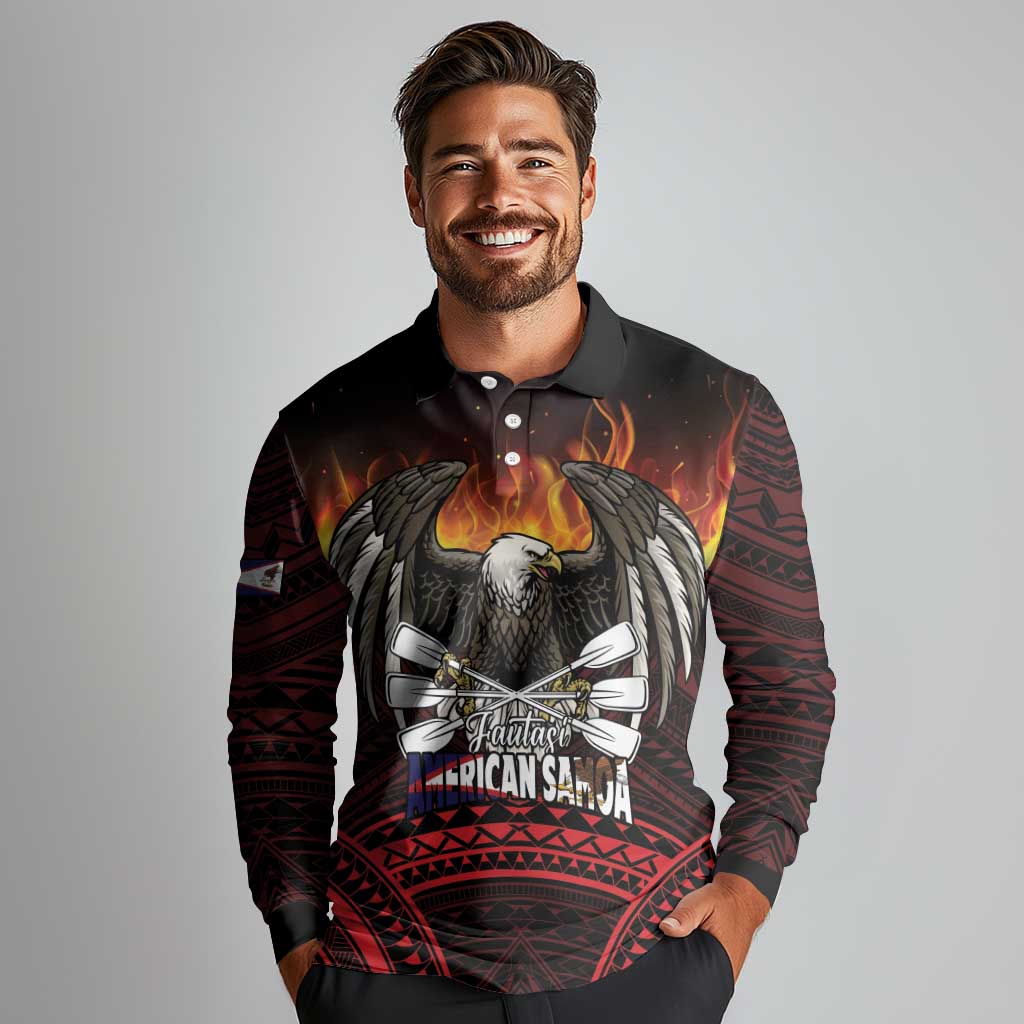Fautasi Race Day American Samoa Long Sleeve Polo Shirt Bald Eagle Polynesian Tattoo