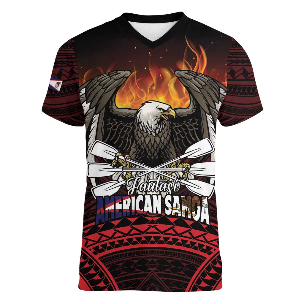 Fautasi Race Day American Samoa Women V-Neck T-Shirt Bald Eagle Polynesian Tattoo