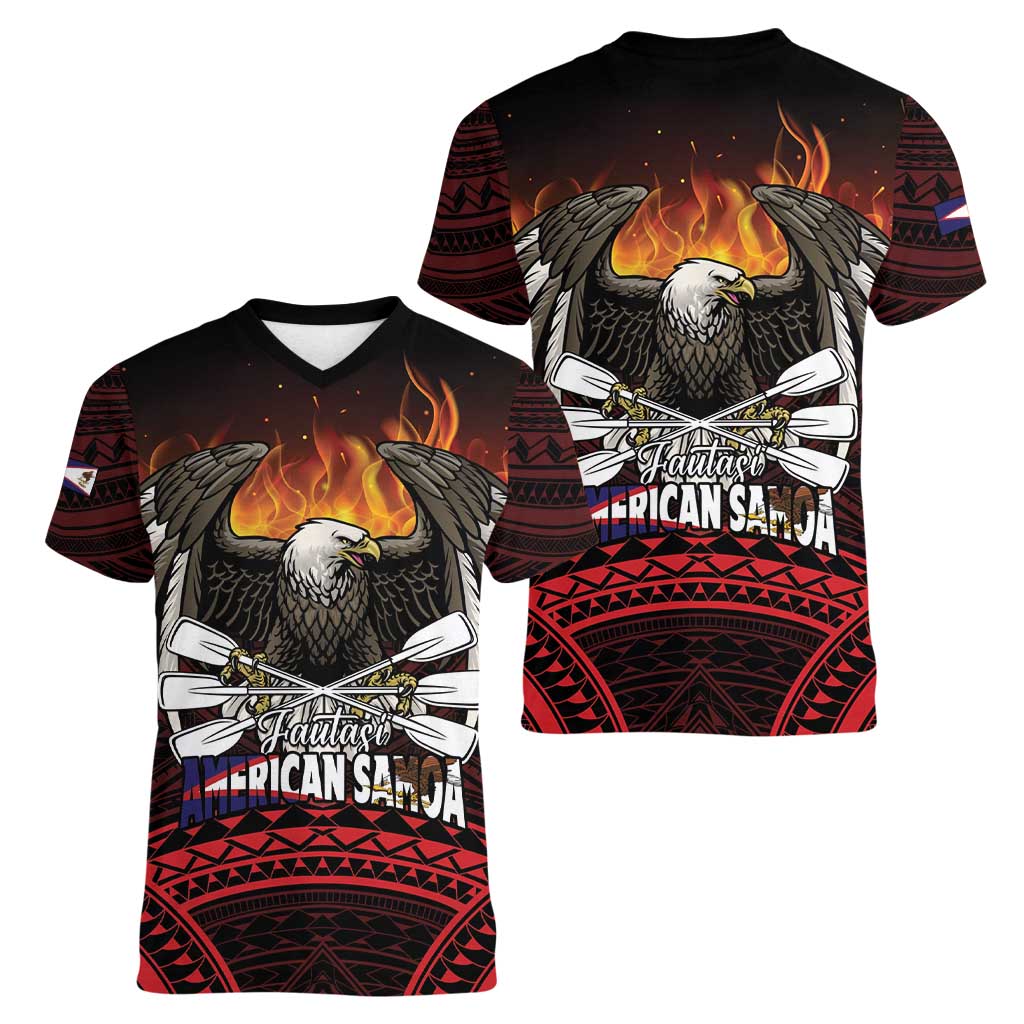 Fautasi Race Day American Samoa Women V-Neck T-Shirt Bald Eagle Polynesian Tattoo