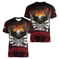 Fautasi Race Day American Samoa Women V-Neck T-Shirt Bald Eagle Polynesian Tattoo