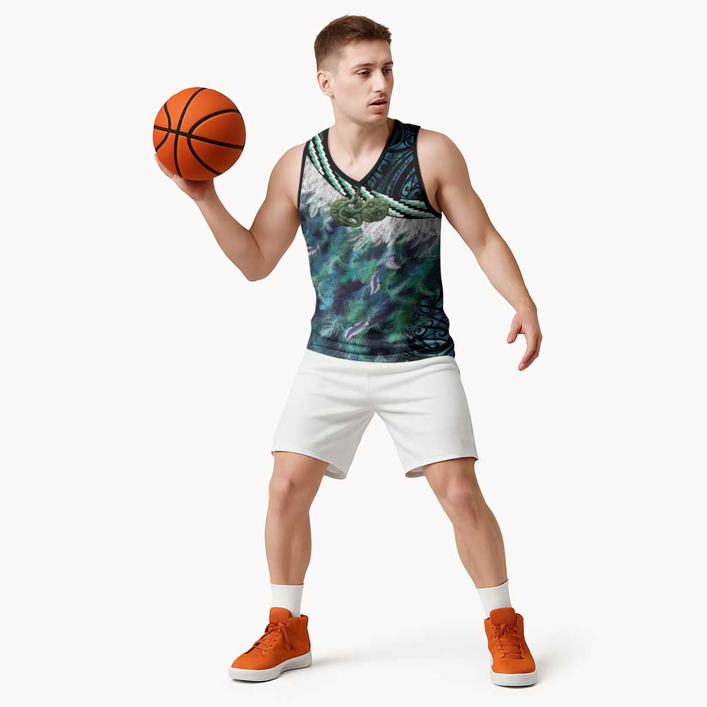 Turquoise Traditional Cloak Aotearoa Basketball Jersey Maori Paua Shell Korowai Pattern - Polynesian Pride