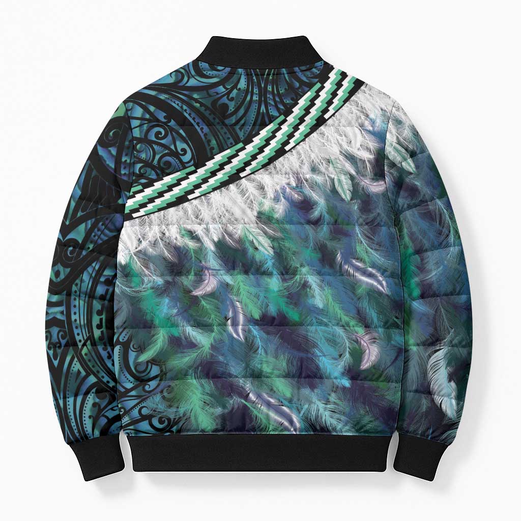Turquoise Traditional Cloak Aotearoa Bomber Puffer Jacket Maori Paua Shell Korowai Pattern - Polynesian Pride