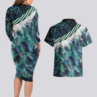 Turquoise Traditional Cloak Aotearoa Couples Matching Long Sleeve Bodycon Dress and Hawaiian Shirt Maori Paua Shell Korowai Pattern LT14 - Polynesian Pride