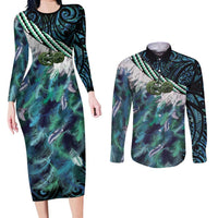 Turquoise Traditional Cloak Aotearoa Couples Matching Long Sleeve Bodycon Dress and Long Sleeve Button Shirt Maori Paua Shell Korowai Pattern LT14 Turquoise - Polynesian Pride