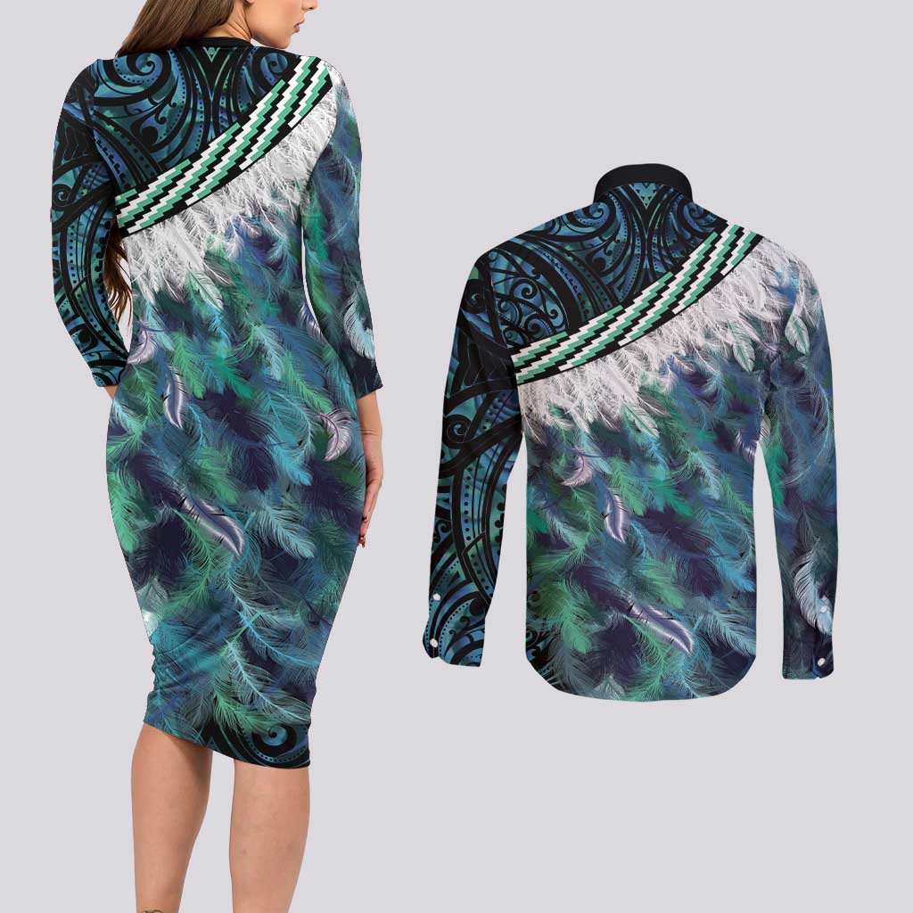 Turquoise Traditional Cloak Aotearoa Couples Matching Long Sleeve Bodycon Dress and Long Sleeve Button Shirt Maori Paua Shell Korowai Pattern LT14 - Polynesian Pride