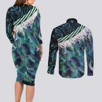 Turquoise Traditional Cloak Aotearoa Couples Matching Long Sleeve Bodycon Dress and Long Sleeve Button Shirt Maori Paua Shell Korowai Pattern LT14 - Polynesian Pride