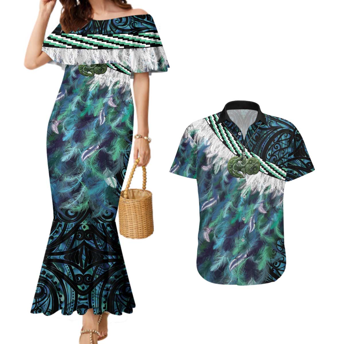 Turquoise Traditional Cloak Aotearoa Couples Matching Mermaid Dress and Hawaiian Shirt Maori Paua Shell Korowai Pattern LT14 Turquoise - Polynesian Pride