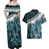 Turquoise Traditional Cloak Aotearoa Couples Matching Off Shoulder Maxi Dress and Hawaiian Shirt Maori Paua Shell Korowai Pattern LT14 - Polynesian Pride