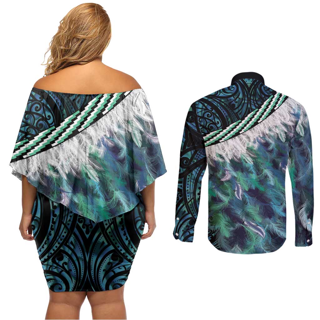 Turquoise Traditional Cloak Aotearoa Couples Matching Off Shoulder Short Dress and Long Sleeve Button Shirt Maori Paua Shell Korowai Pattern