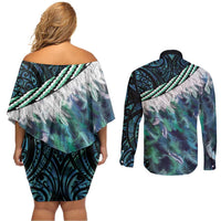 Turquoise Traditional Cloak Aotearoa Couples Matching Off Shoulder Short Dress and Long Sleeve Button Shirt Maori Paua Shell Korowai Pattern