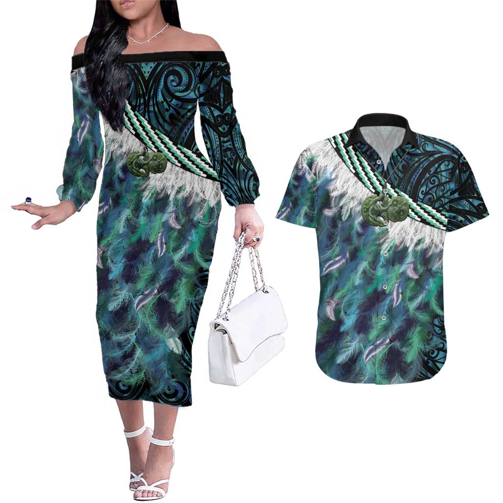 Turquoise Traditional Cloak Aotearoa Couples Matching Off The Shoulder Long Sleeve Dress and Hawaiian Shirt Maori Paua Shell Korowai Pattern LT14 Turquoise - Polynesian Pride