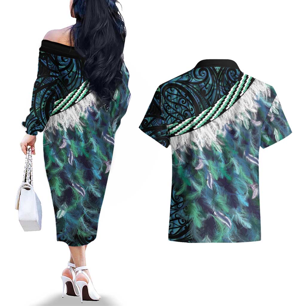 Turquoise Traditional Cloak Aotearoa Couples Matching Off The Shoulder Long Sleeve Dress and Hawaiian Shirt Maori Paua Shell Korowai Pattern LT14 - Polynesian Pride