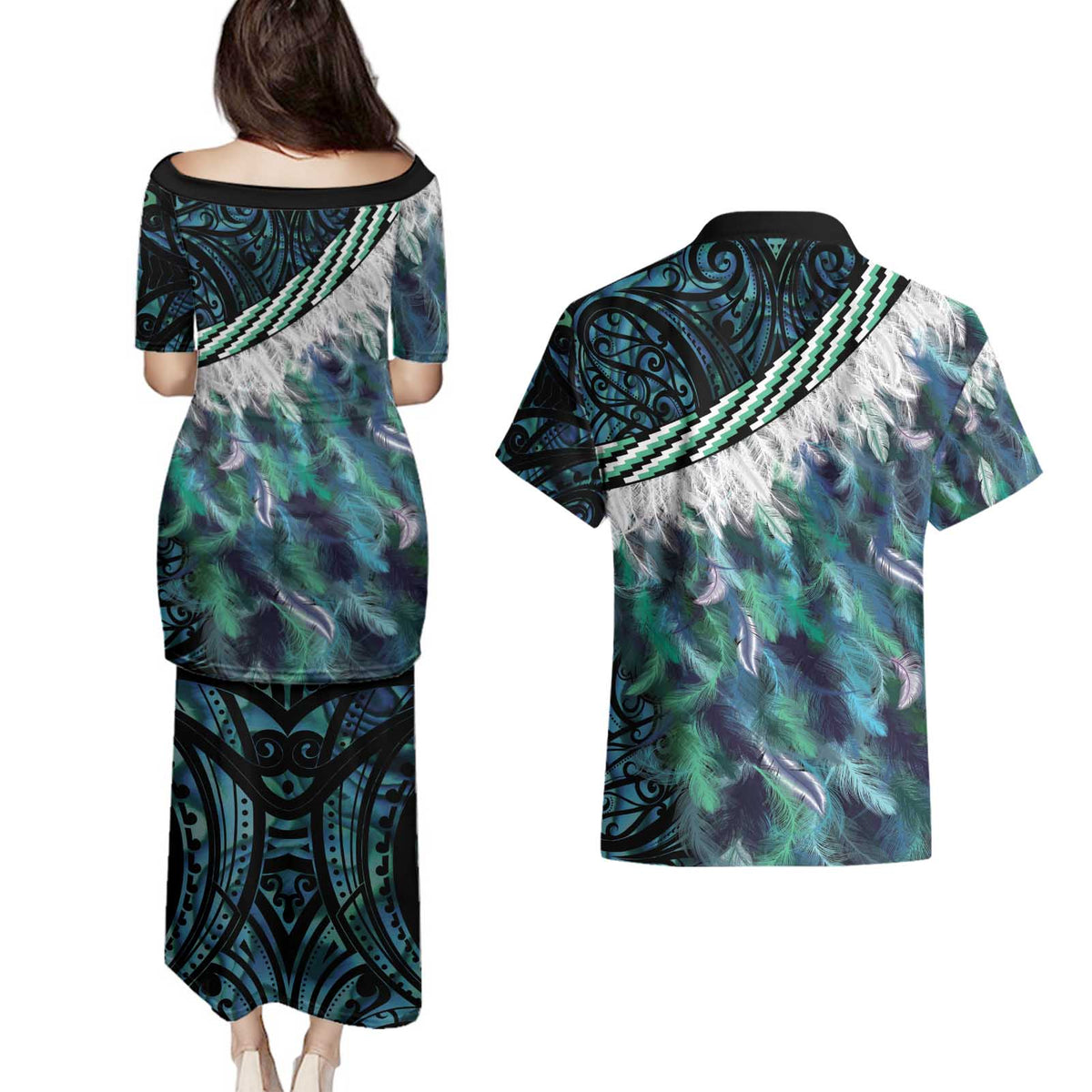 Turquoise Traditional Cloak Aotearoa Couples Matching Puletasi and Hawaiian Shirt Maori Paua Shell Korowai Pattern