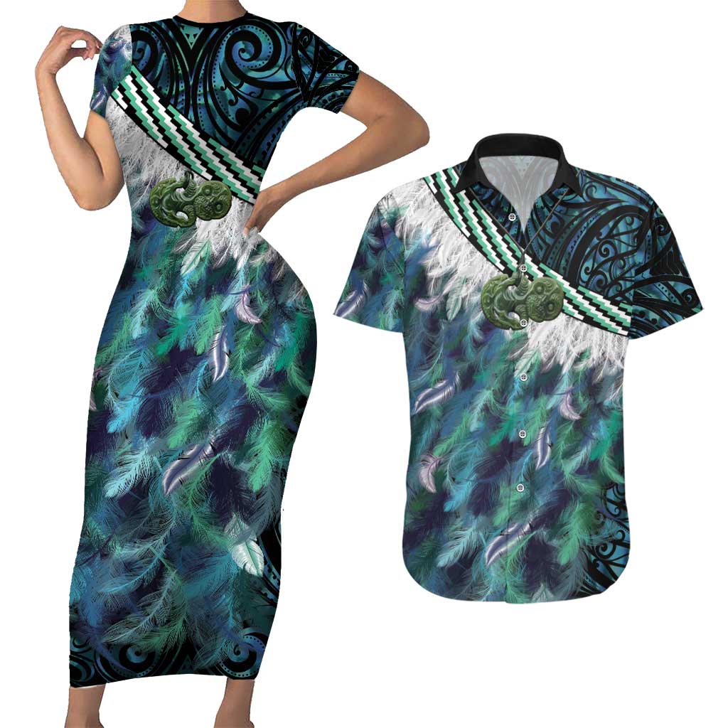 Turquoise Traditional Cloak Aotearoa Couples Matching Short Sleeve Bodycon Dress and Hawaiian Shirt Maori Paua Shell Korowai Pattern LT14 Turquoise - Polynesian Pride