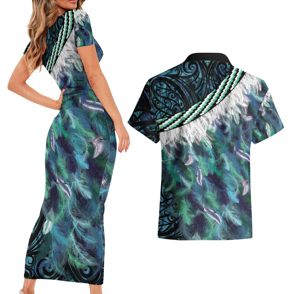 Turquoise Traditional Cloak Aotearoa Couples Matching Short Sleeve Bodycon Dress and Hawaiian Shirt Maori Paua Shell Korowai Pattern LT14 - Polynesian Pride