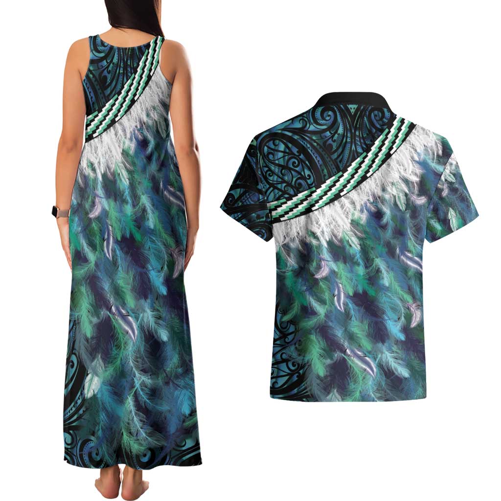Turquoise Traditional Cloak Aotearoa Couples Matching Tank Maxi Dress and Hawaiian Shirt Maori Paua Shell Korowai Pattern LT14 - Polynesian Pride