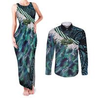 Turquoise Traditional Cloak Aotearoa Couples Matching Tank Maxi Dress and Long Sleeve Button Shirt Maori Paua Shell Korowai Pattern