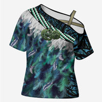 Turquoise Traditional Cloak Aotearoa Cross Shoulder Shirt Maori Paua Shell Korowai Pattern - Polynesian Pride