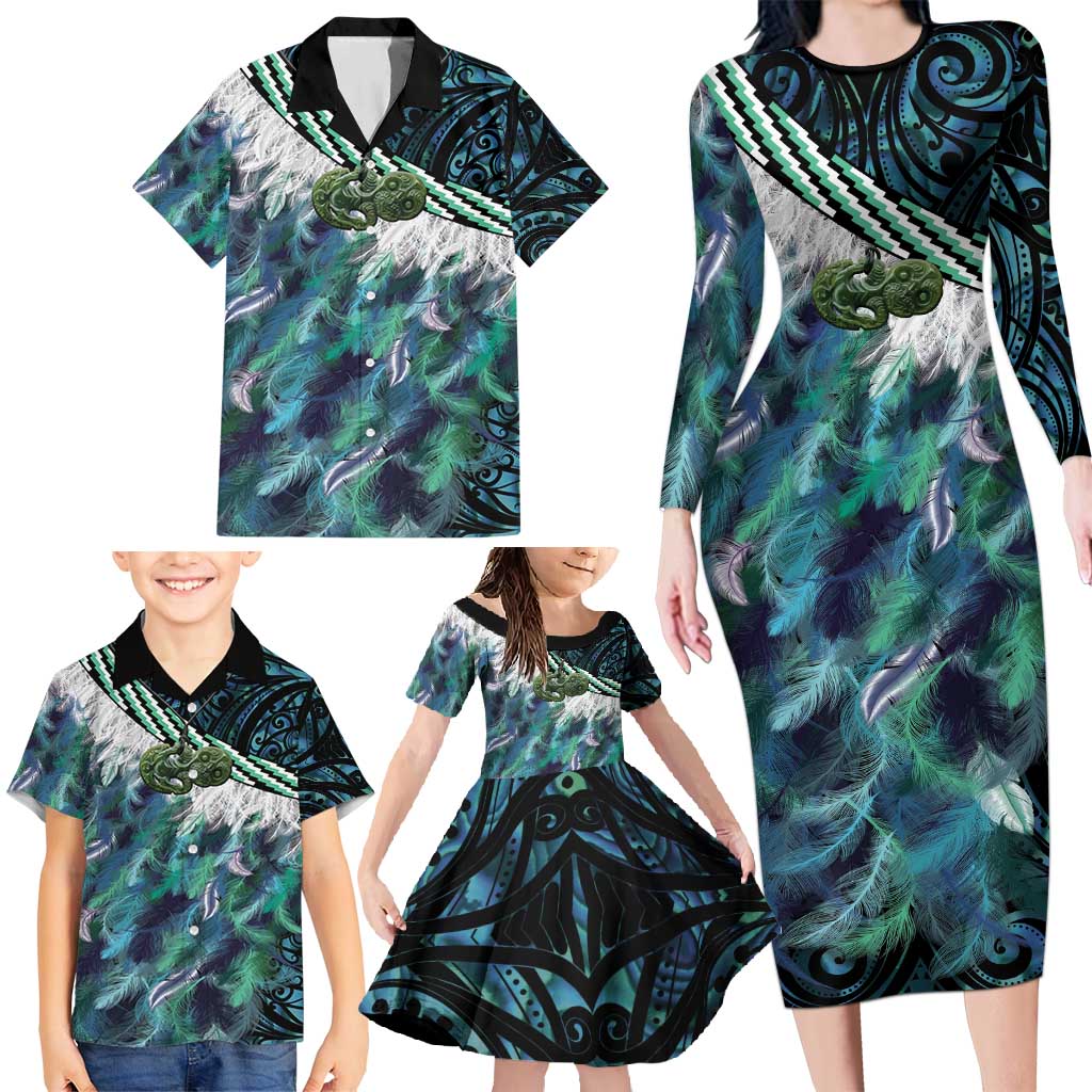 Turquoise Traditional Cloak Aotearoa Family Matching Long Sleeve Bodycon Dress and Hawaiian Shirt Maori Paua Shell Korowai Pattern