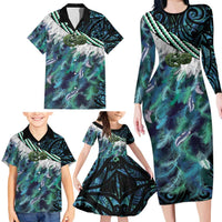 Turquoise Traditional Cloak Aotearoa Family Matching Long Sleeve Bodycon Dress and Hawaiian Shirt Maori Paua Shell Korowai Pattern LT14 - Polynesian Pride