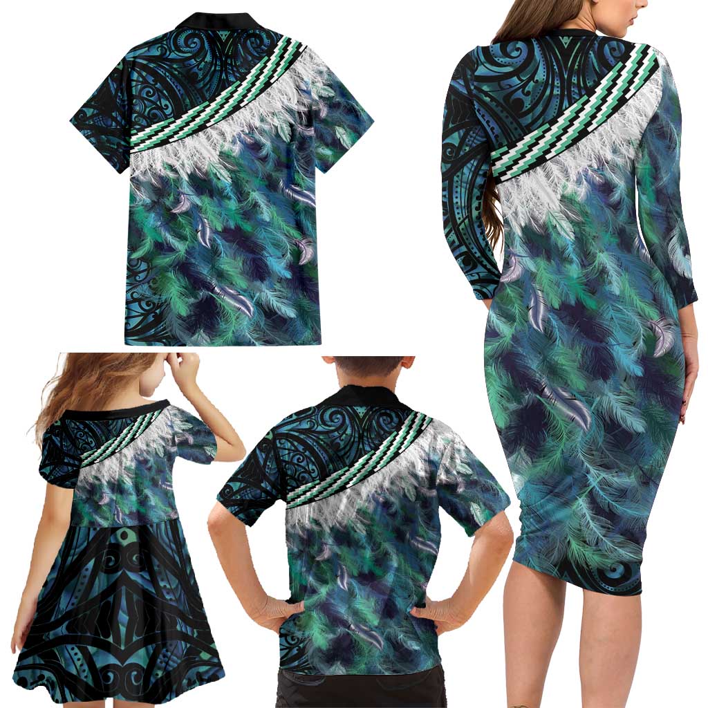Turquoise Traditional Cloak Aotearoa Family Matching Long Sleeve Bodycon Dress and Hawaiian Shirt Maori Paua Shell Korowai Pattern LT14 - Polynesian Pride