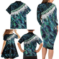 Turquoise Traditional Cloak Aotearoa Family Matching Long Sleeve Bodycon Dress and Hawaiian Shirt Maori Paua Shell Korowai Pattern LT14 - Polynesian Pride