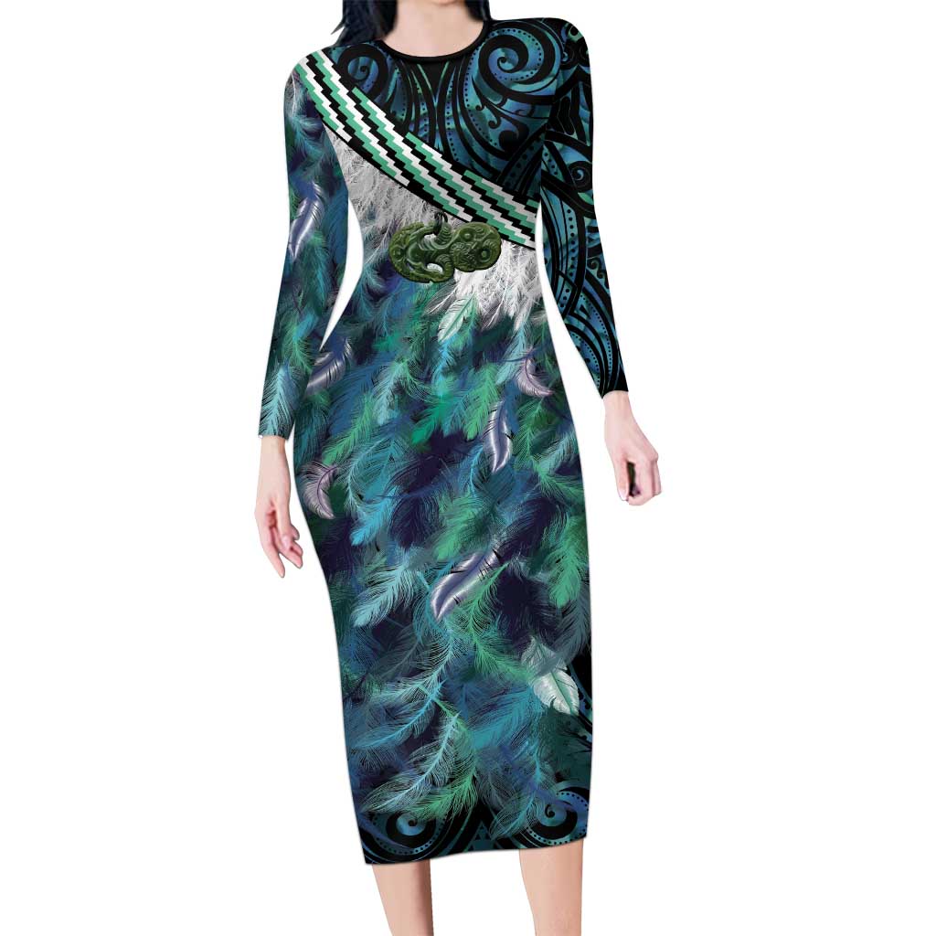 Turquoise Traditional Cloak Aotearoa Family Matching Long Sleeve Bodycon Dress and Hawaiian Shirt Maori Paua Shell Korowai Pattern LT14 Mom's Dress Turquoise - Polynesian Pride